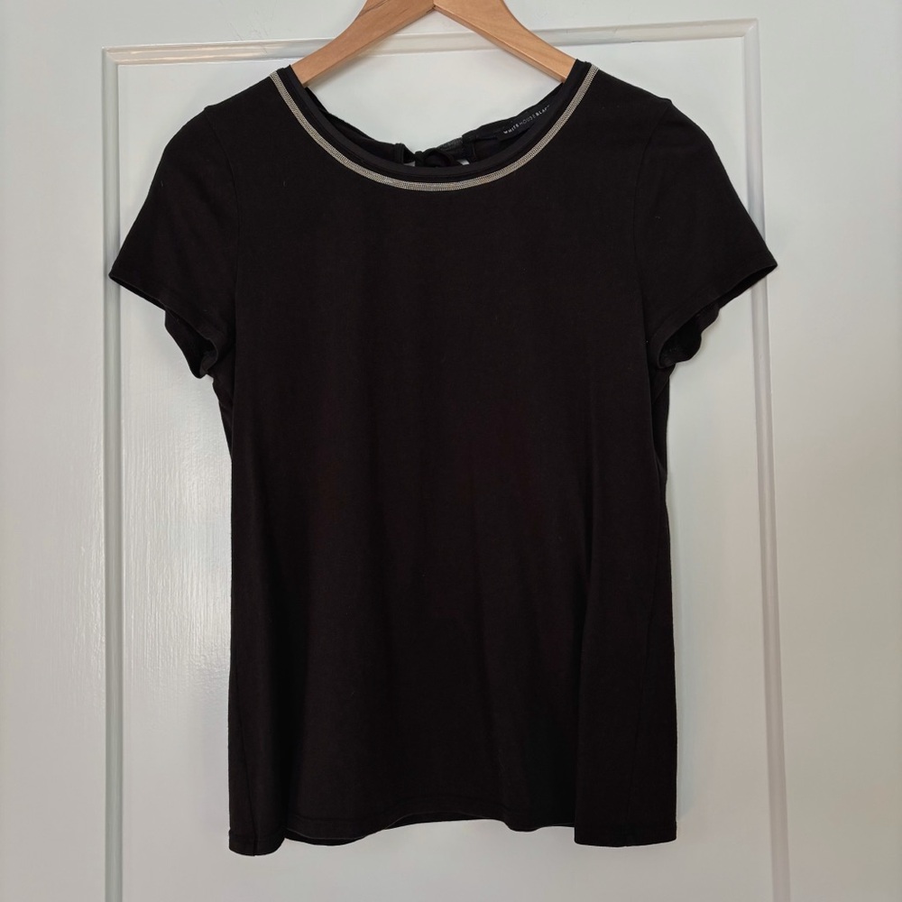 White House Black Market Black Short Sleeve Tee with Beaded Collar and Tie Back